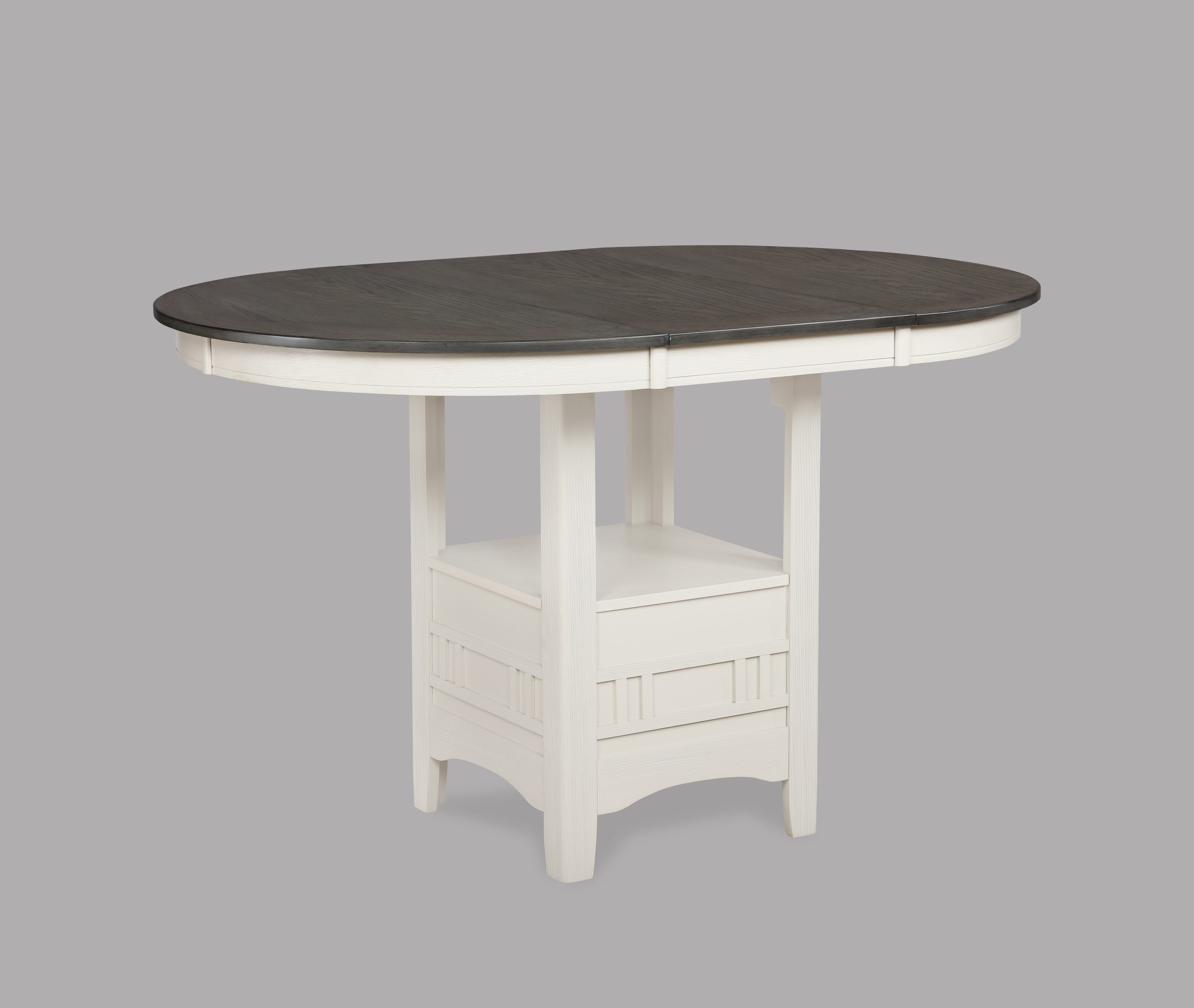 The #2795CG "Hartwell" Counter-Height Dining Set in Chalk features an oval dark wood top, a white painted base with two central shelves, and decorative paneling, displayed against a plain gray background.