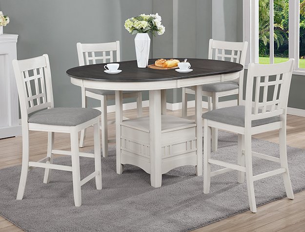 The "Hartwell" Counter-Height Dining Set in Chalk (#2795CG) features a round table with a dark top, white base, four white chairs with gray cushions, set with cups, saucers, pastries, and a central white vase of flowers.