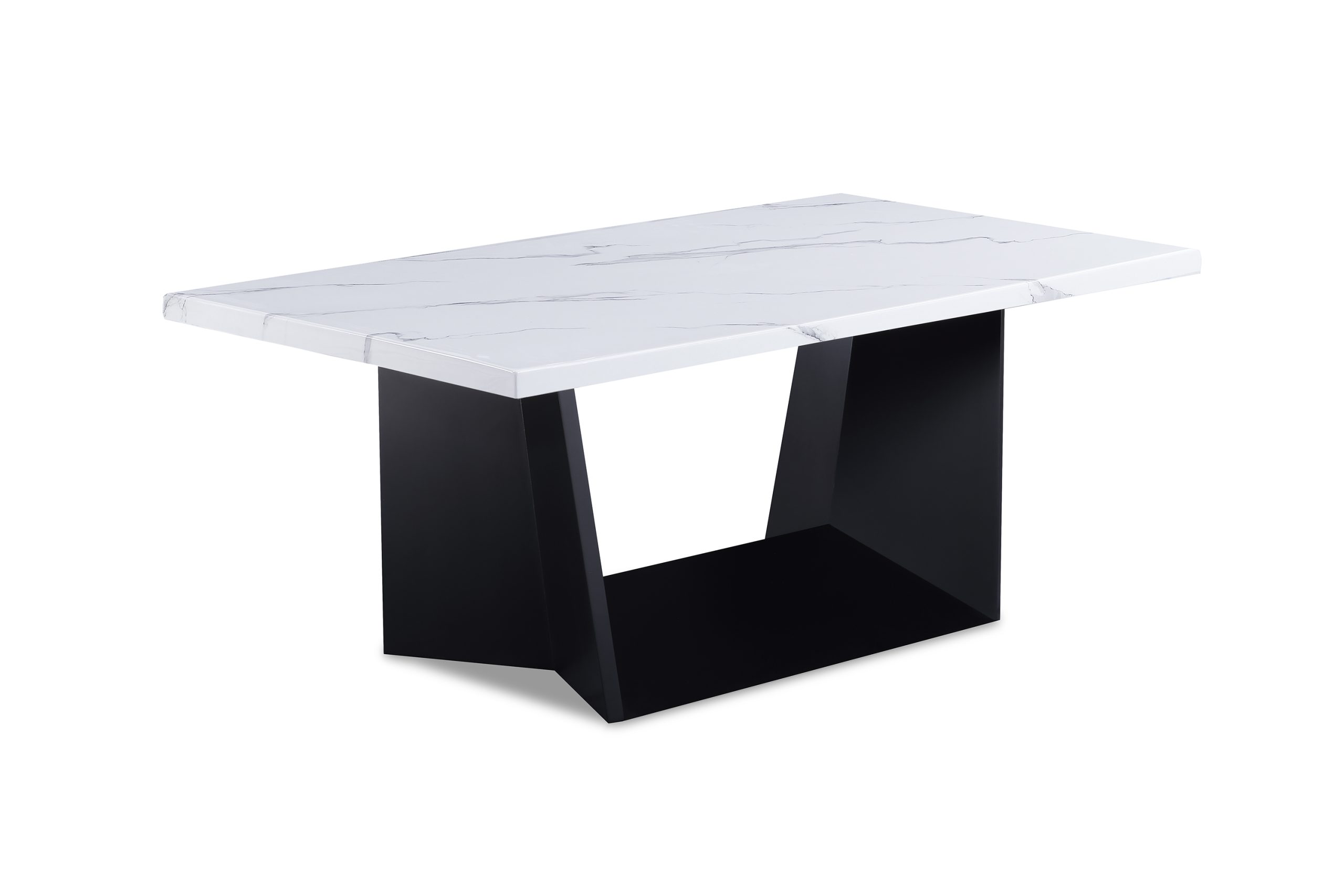 The #4226 "Adea" Faux Marble Set features a rectangular table with a white, marble-look top with subtle gray veining and a modern geometric black metal base with angled sides, offering a sleek minimalist design.