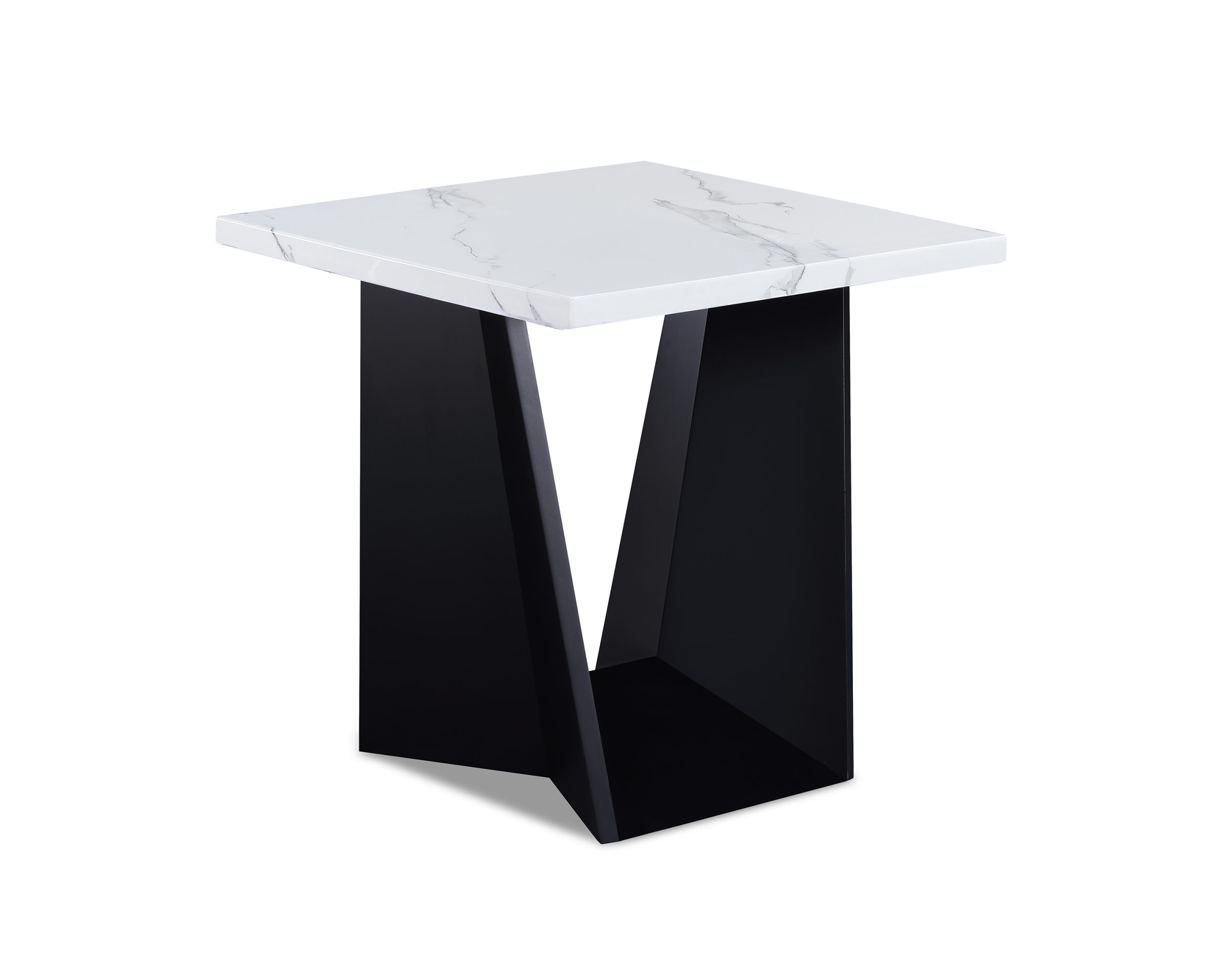The #4226 "Adea" Faux Marble Set features a modern side table with a white, marble-patterned square top and a black, V-shaped geometric metal base.