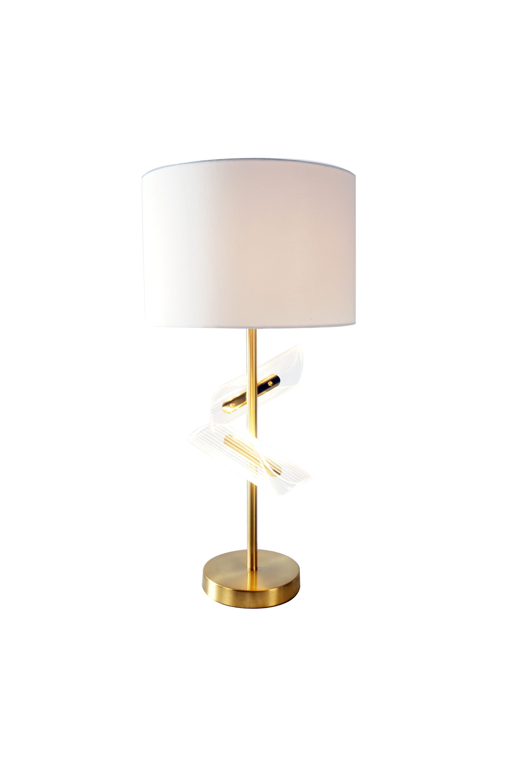 The #6248T "Modern Gold" Table Lamp (Set of 2) features a gold base, unique twisted clear glass detail around the central gold stem, and a modern white drum shade.