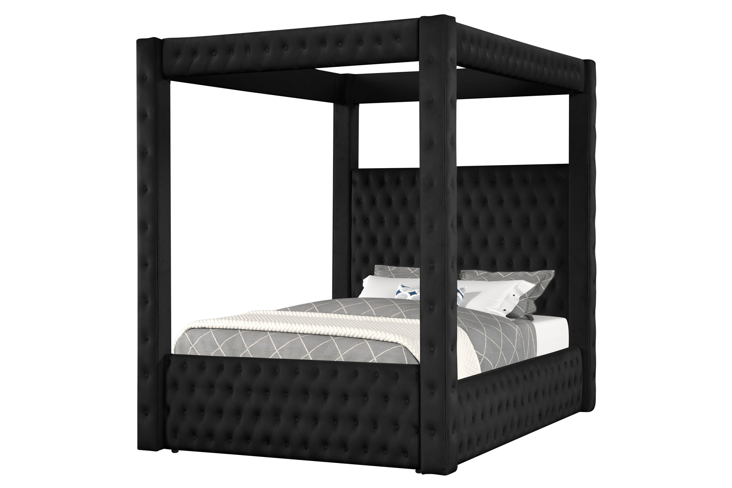 The #5114BK "Annabelle" Canopy Bed Frame in Black features a tufted high headboard and sturdy four-poster design, styled with gray and white geometric bedding and decorative pillows.