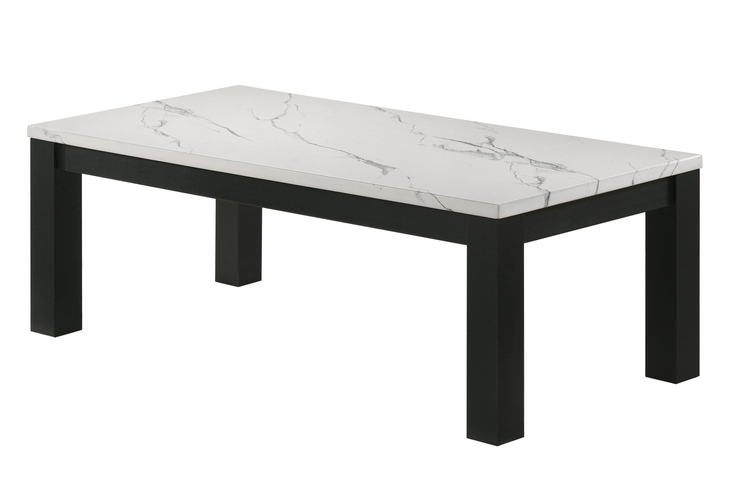 The #4170SET-WH "Ivy" Faux Marble Set in White features a rectangular table with a white marble-patterned top and four sturdy black legs, displayed against a white background.
