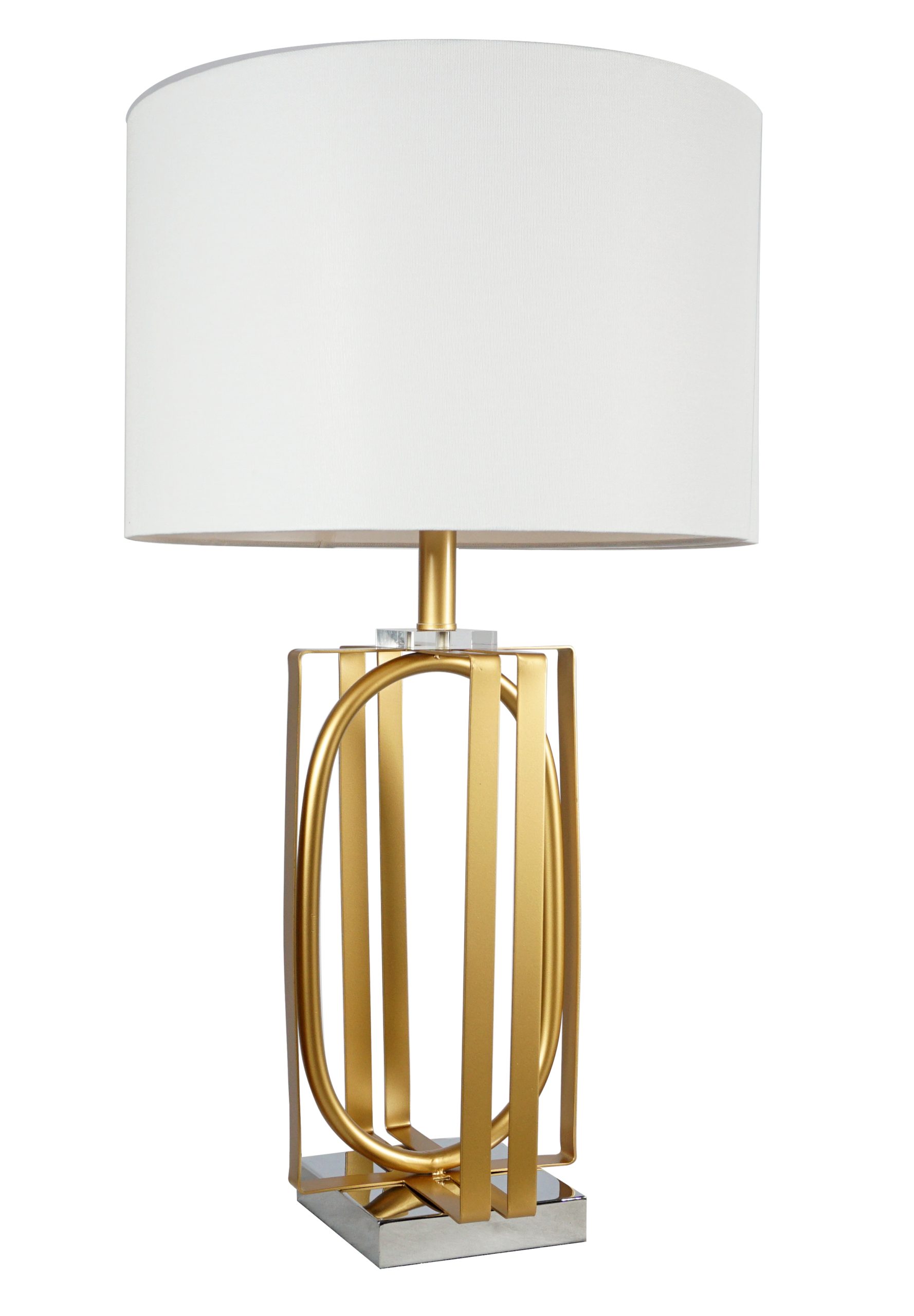 The #6283T "Golden" Touch Lamp Set of 2 features a white cylindrical shade and a gold geometric metal base, all resting on a square silver platform for a modern look.