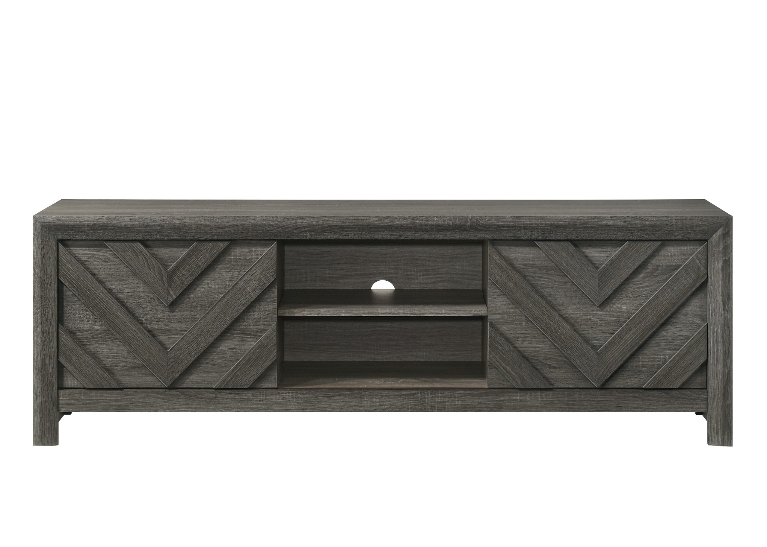 The "Valor" TV Stand in Grey (#B9335-9) features a modern design with a chevron pattern on the doors, open central shelves, and a cable management hole in the back panel.