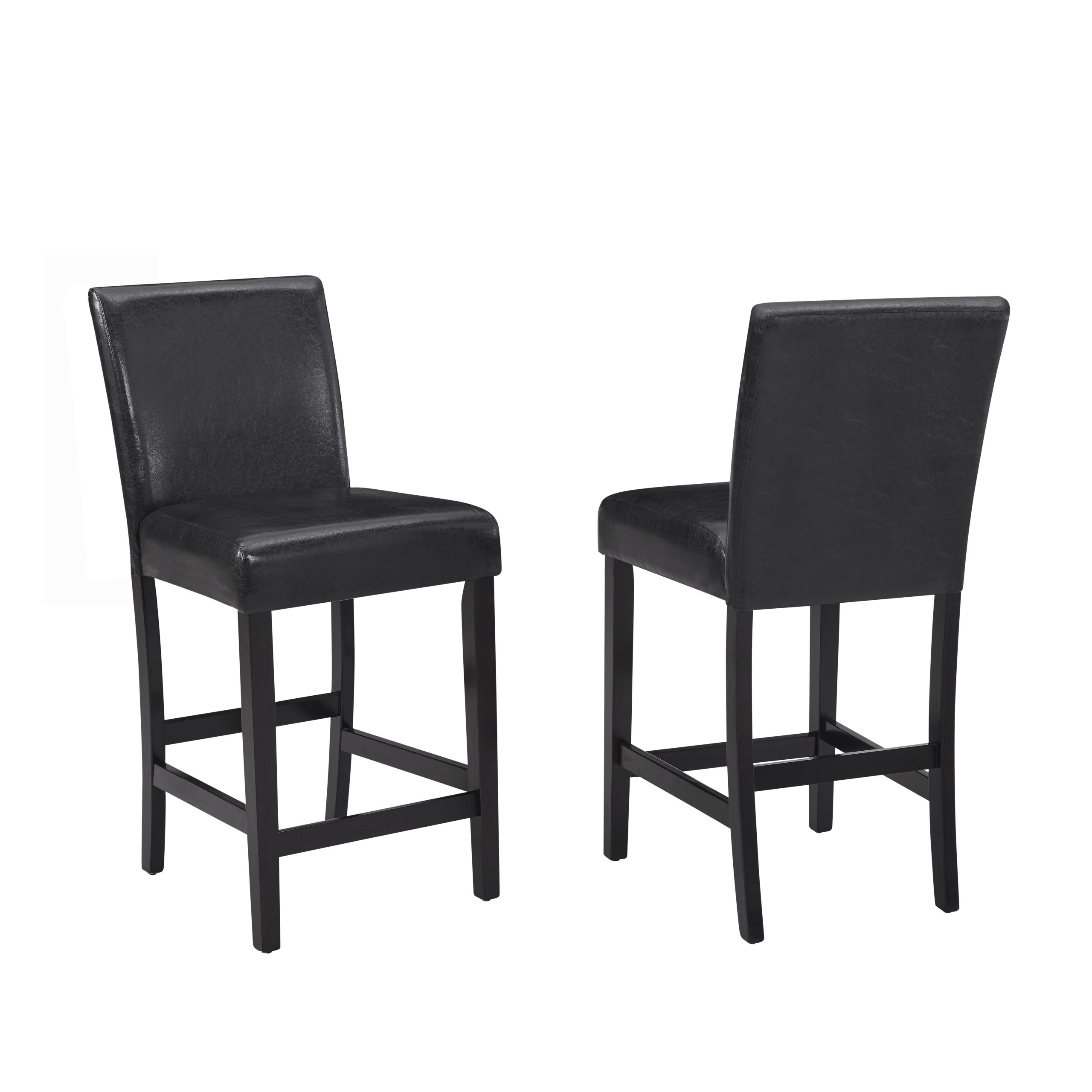 Two #1715PU "Lennon" counter-height chairs in black faux leather, featuring padded seats and backs, are shown from front and back. The chairs have straight dark wood legs and footrests, complementing the faux marble dining set.