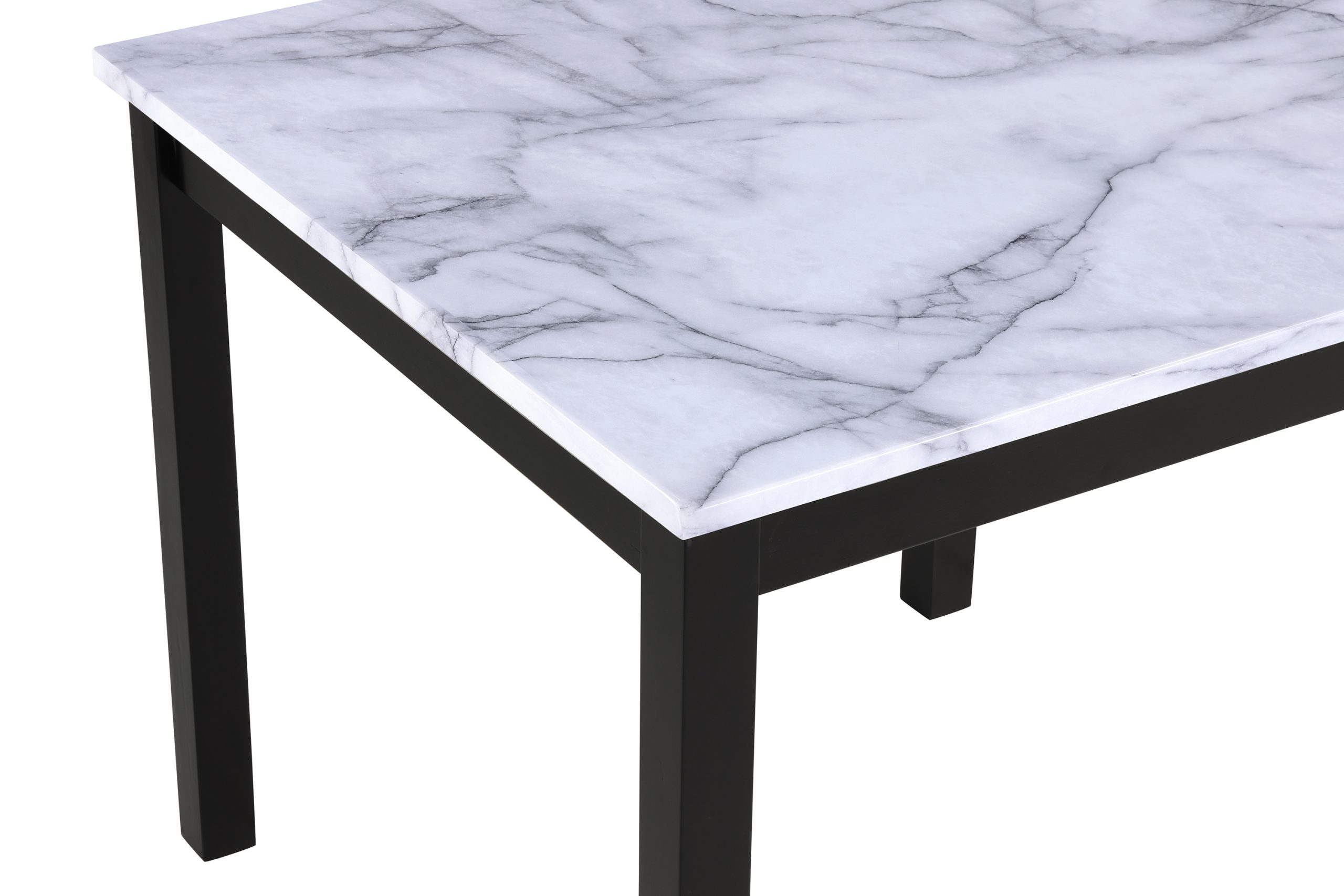 A close-up of the #1715PU "Lennon" Faux Marble Top Counter-Height Dining Set shows its rectangular marble-patterned surface and black legs, highlighting details at the table's corner.