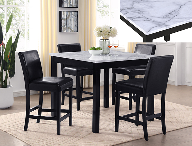 A modern dining room showcases the #1715PU "Lennon" Faux Marble Top Counter-Height Dining Set in black faux leather, featuring a square marble-look table and four matching chairs on a beige rug near large curtained windows.