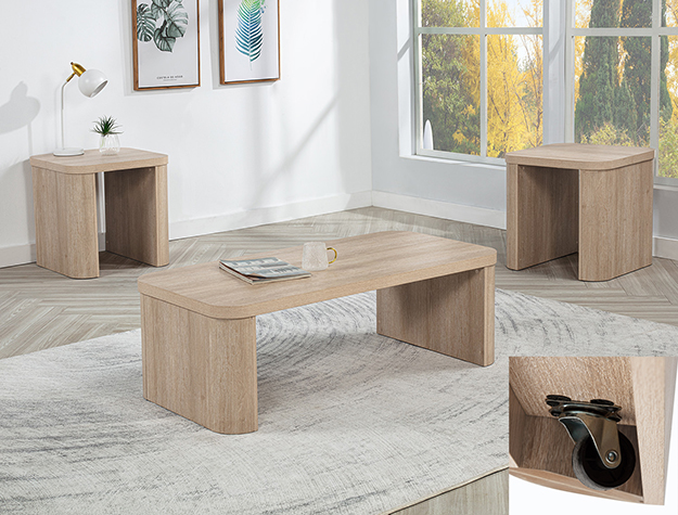 A modern living room features the "Ashton" Set (#4231), with light wood coffee and end tables on a pale rug. An inset highlights the black wheel caster under one table as sunlight fills the space through large windows.