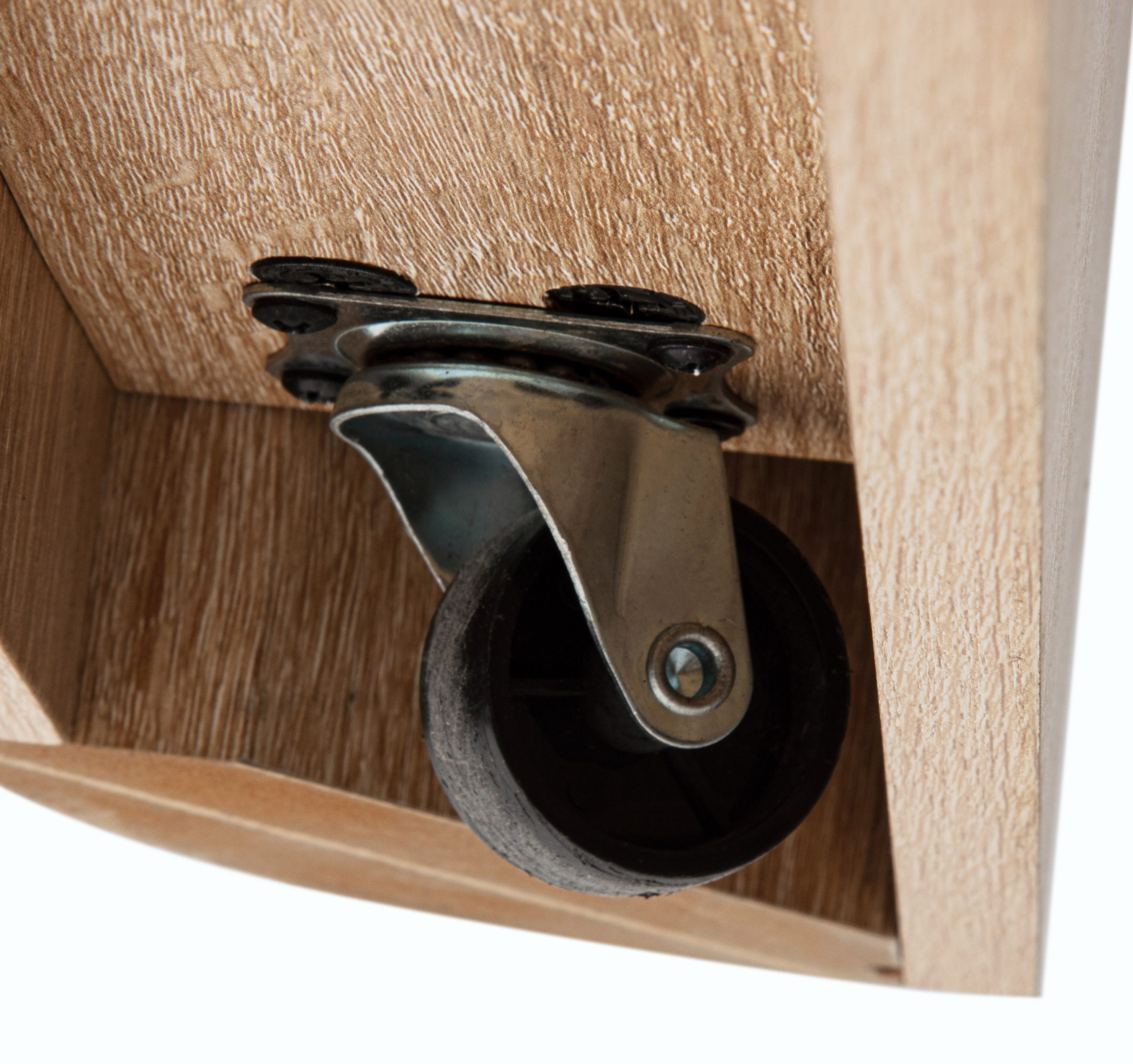 Close-up of a metal and black plastic caster wheel from #4231 - The "Ashton" Set, attached to the underside of a wooden furniture piece.