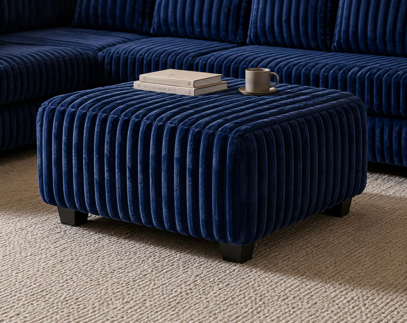 The #4250 Square Ottoman in blue velvet with vertical tufting sits on a light textured rug, topped with a closed book and brown coffee cup. A matching blue sofa is partially visible in the background.