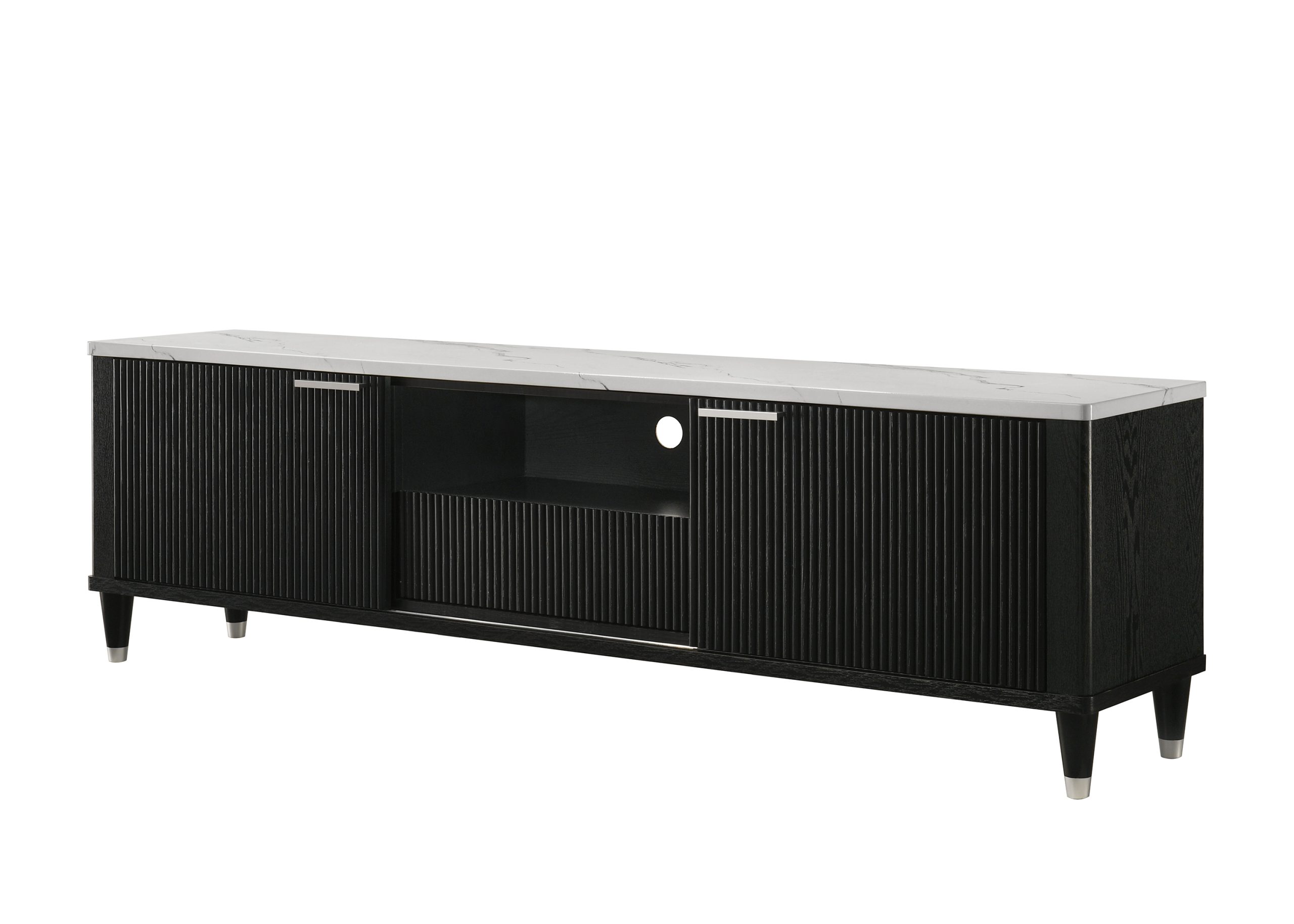 The "Britany" TV Stand (#4813BK-9) features a modern black finish, ribbed cabinet doors, center open shelf, and white marble-patterned top. It stands on tapered legs with metallic accents for a stylish look.