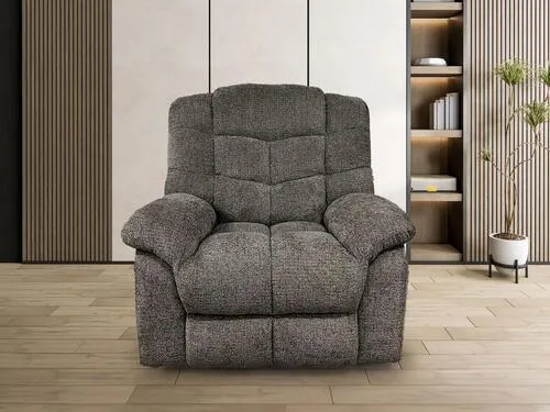 The #LR8137D2PR "2-Power" Big Recliner in Rockaway Brown is placed on a light wood floor in a modern room with wood paneling, built-in shelves with books, and a potted plant in the background.