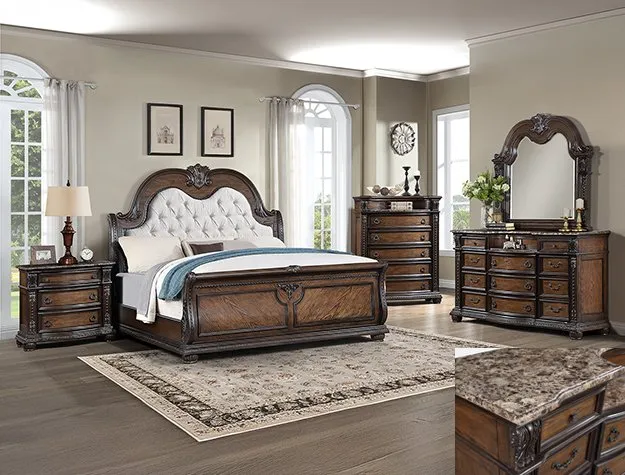 Elegant bedroom with dark wood furniture set, featuring a large bed with a tufted headboard, matching dresser, nightstand, and mirror. Neutral tones create a cozy, classic ambiance.