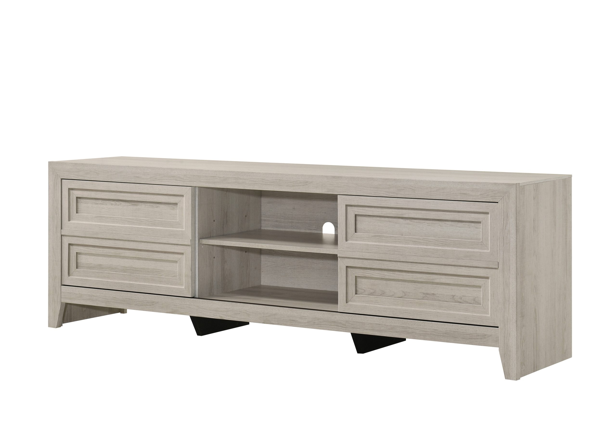 The "Lorraine" TV Stand (#B6600-9) features a light wood finish, two large drawers on each side, two central open shelves, modern minimalist design, and a back panel hole for cable management.