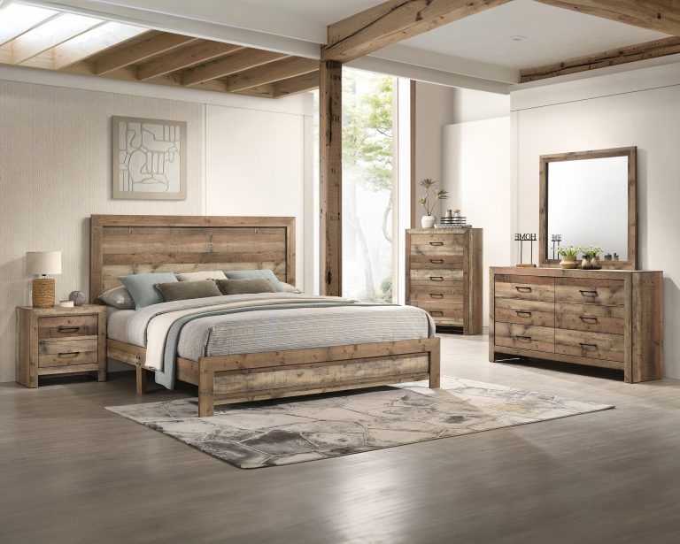 Rustic bedroom with wooden furniture, including a bed, dresser, mirror, and nightstand. Earthy tones create a cozy, natural ambiance.