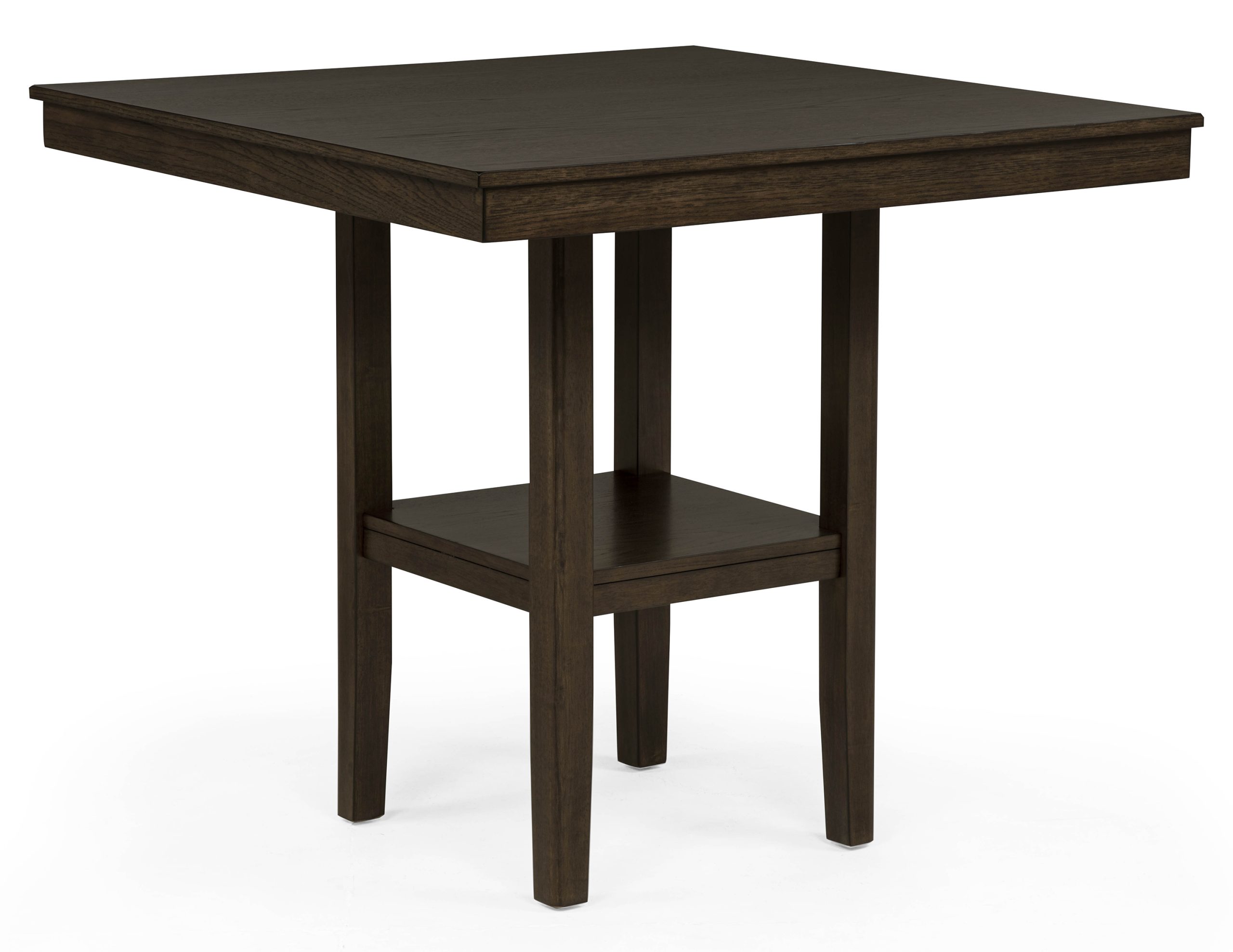 The "Lester" Counter-Height Dining Set (#2631BRN) features a dark brown wooden square table with four straight legs and a lower shelf, ideal for pairing with matching brown dining chairs.