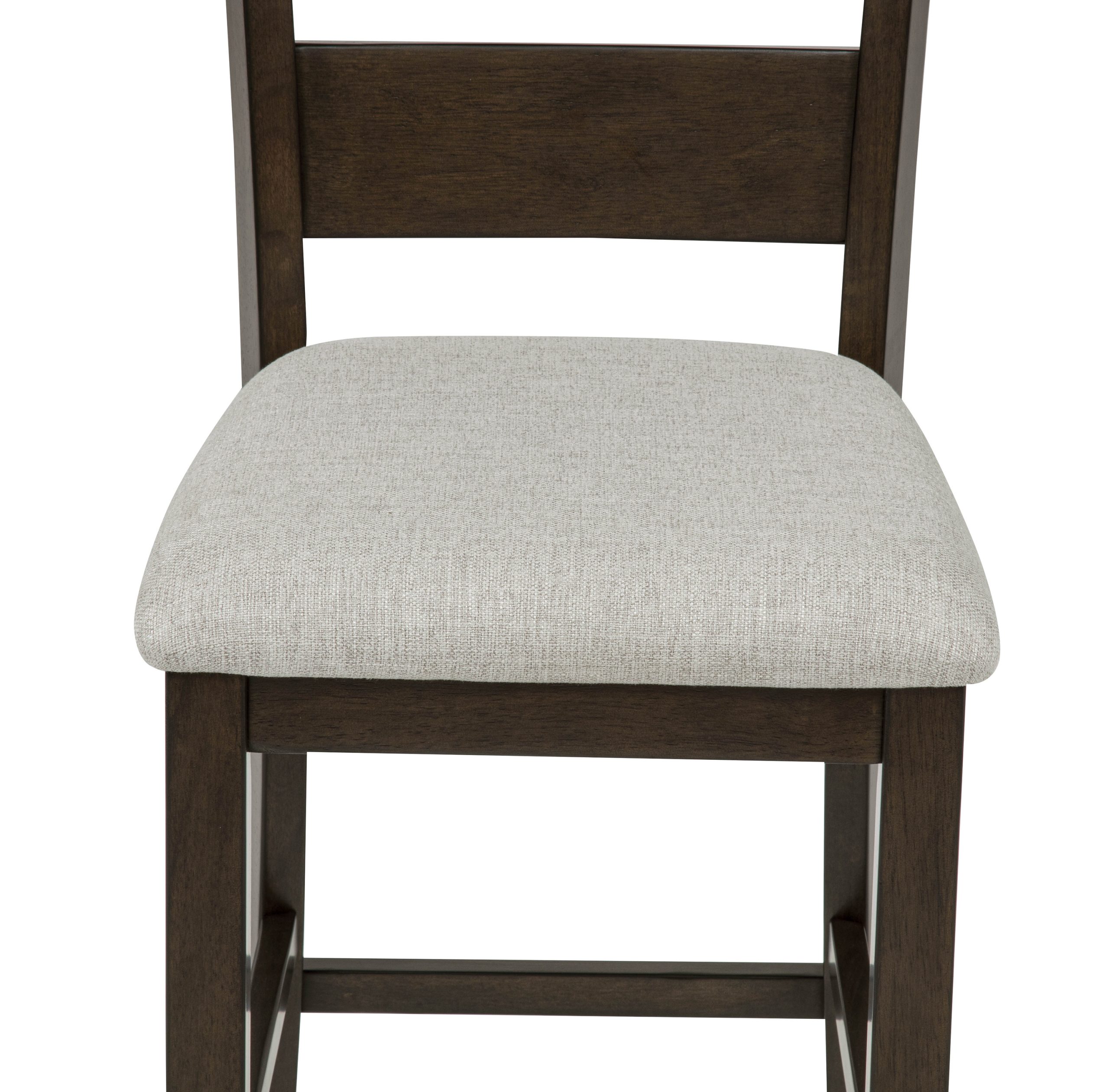 A front view of a wooden chair from #2631BRN - The "Lester" Counter-Height Dining Set in Brown, featuring a dark brown frame, light beige upholstered seat cushion, and two horizontal backrest slats. Ideal for matching your dining setup.