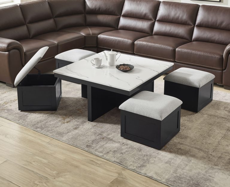 The "Marta" Set with Storage Ottomans (#4131) features a marble-top square coffee table and four cushioned cube stools (one with storage), arranged on a rug before a brown leather sectional in a modern living room.