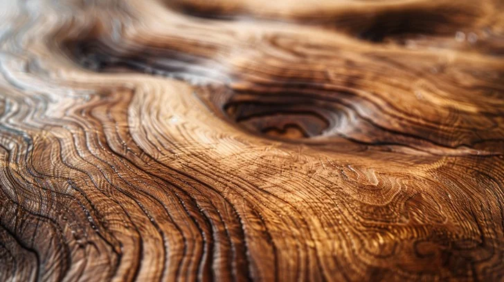 Close-up of a wooden surface showing detailed grain patterns, wavy lines, and textures with varying shades of brown and natural grooves.