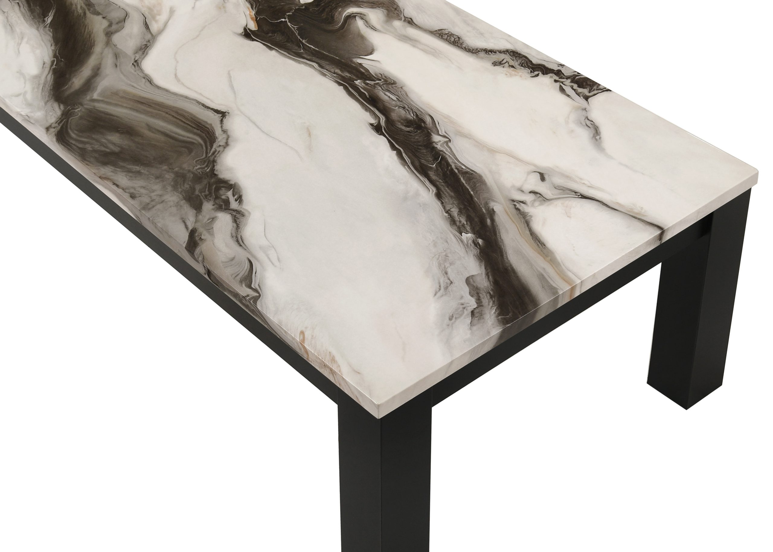 The "Ivy" Set (#4170BMBL) features a rectangular coffee table with a smooth brown faux marble surface and four black legs—an ideal piece for any modern end table set.