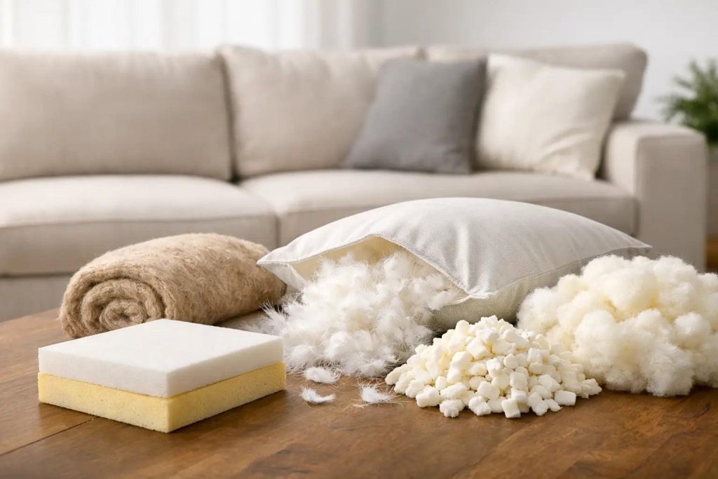 A sofa in the background with a coffee table in front displays a rolled-up natural fiber mat, an unzipped pillow with stuffing spilling out, and piles of different furniture materials, highlighting construction quality.