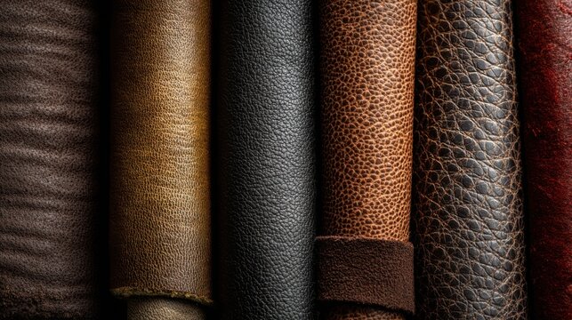 Rolls of leather in various shades of brown, black, and tan, each displaying unique textures and grain patterns, are arranged side by side—perfect for discussing furniture care and maintenance.